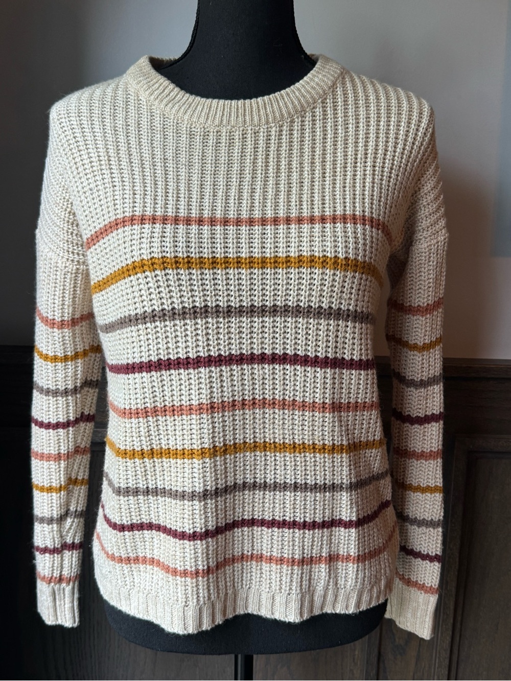 Pink Rose Cream Crewneck Sweater with Multicolor Stripes medium.